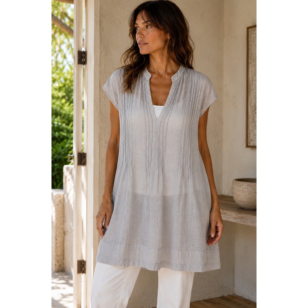 CP Shades Regina Cap-Sleeve Tunic 100% Linen Relaxed Pintuck Pleat Coastal Large